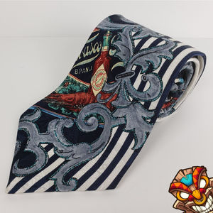 Tabasco Shrimp Floral Stripe Paisley Art Red Blue Silk Necktie EUC